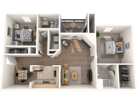 Floor plan for 2 beds, 2 baths, 1005 sqft